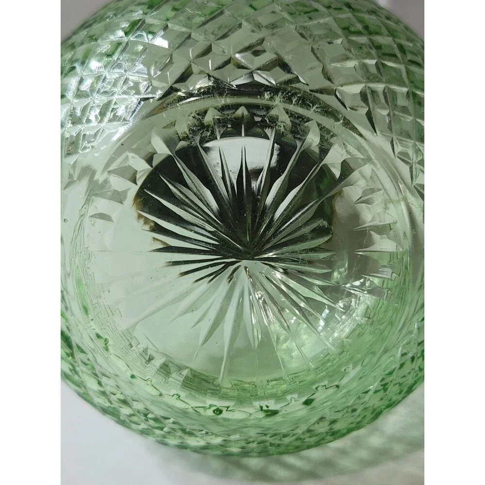 Vintage Small Green Decanter Cologne Bottle with Stopper Metal Collar Cut Glass